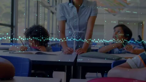 Animation of multiple graphs with changing numbers over diverse teacher teaching Stock Footage 328300165