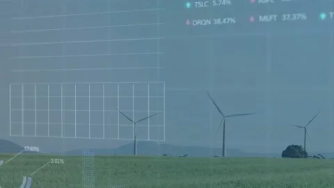 Animation of multiple graphs, changing numbers and trading boards over windmills Stock Footage 329699493