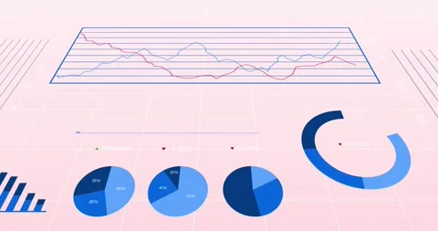 Animation of multiple graphs, changing numbers and loading circles over pink Stock Footage 330288149