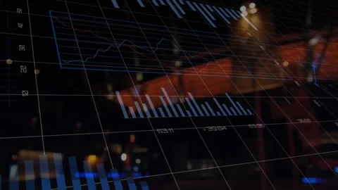 Animation of multiple graphs with changing numbers and grid pattern over bridge Vídeos de archivo 330469680