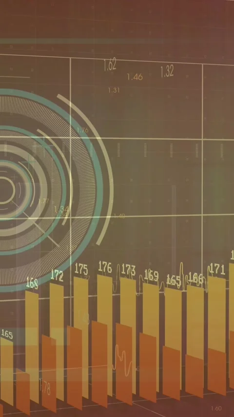 Animation of multiple graphs with changing numbers over soundwaves and loading Stock Footage 344370158