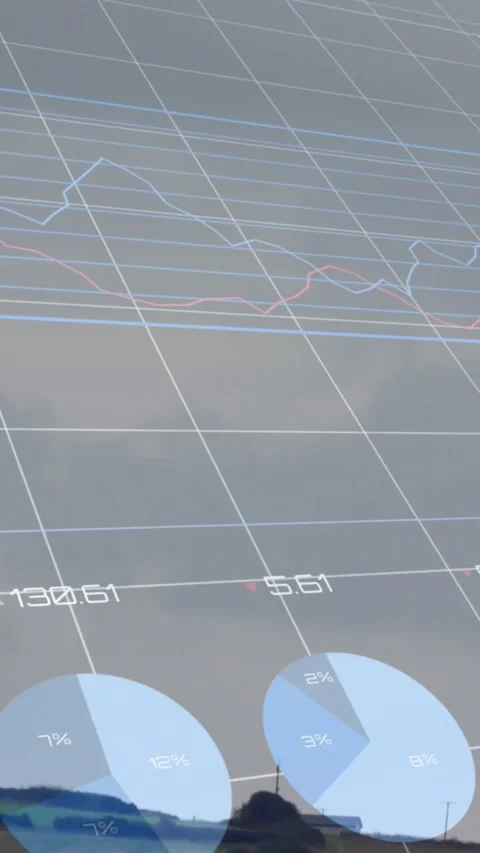 Animation of multiple graphs, changing numbers, loading circles, windmill on Stock Footage 344557682