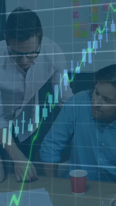 Animation of multiple graphs with changing numbers over diverse man explaining Video stock 344679431