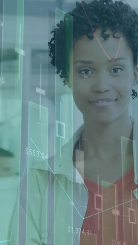 Animation of multiple graphs with changing numbers over smiling woman standing Stock Footage 344723326