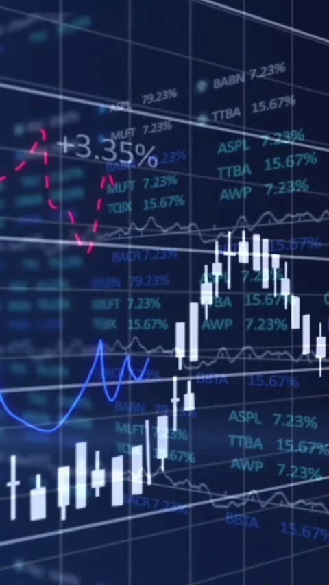 Animation of multiple graphs with changing numbers over lens flares and trading Stock Footage 344774904