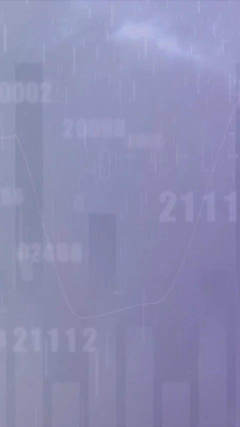 Animation of multiple graphs, changing numbers over rain and lightning in dense Stock Footage 344774959