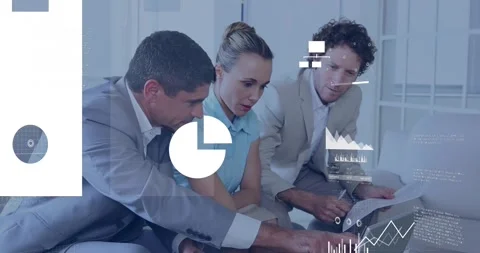 Animation of multiple graphs, cloud in laptop and map over diverse coworkers Video stock 250954503