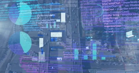 Animation of multiple graphs, database and computer language over aerial view of Stock Footage 328299919