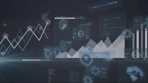 Animation of multiple graphs, globes, map, loading bars and computer language Stock Footage 330475640