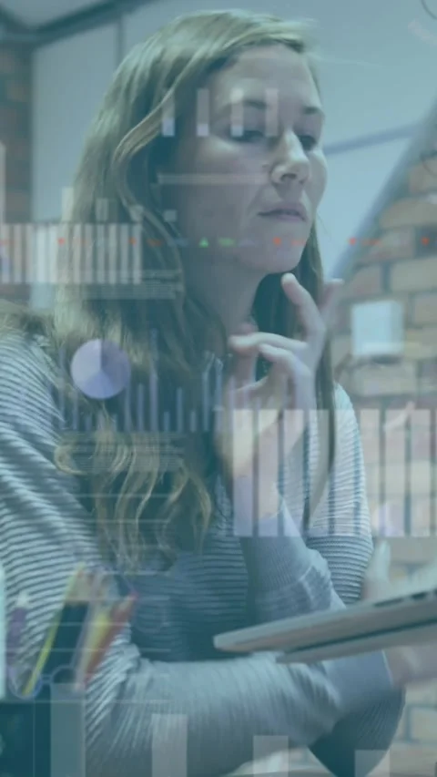 Animation of multiple graphs, icons and trading board over caucasian woman Stock Footage 344693570