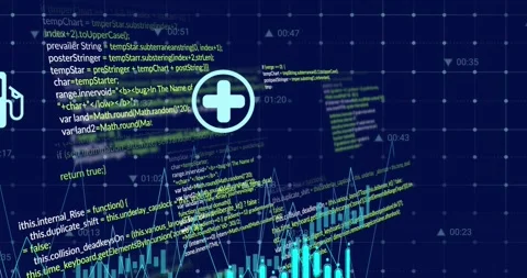 Animation of multiple graphs, icons, changing numbers over computer language on Stock Footage 329031927