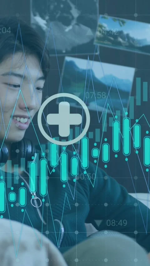 Animation of multiple graphs with icons over asian boy scrolling on digital Stock Footage 320160689