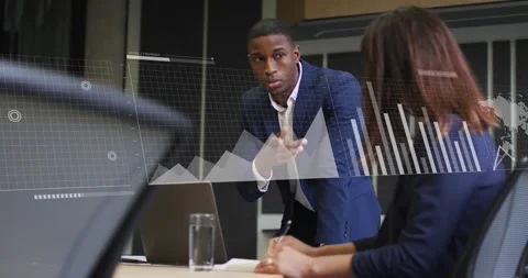 Animation of multiple graphs, loading bars, map, diverse coworkers discussing in Stock Footage 328932140