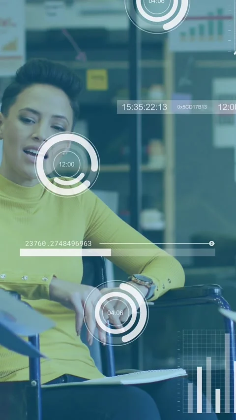 Animation of multiple graphs, loading bars, circles, diverse coworkers Stock Footage 344766056