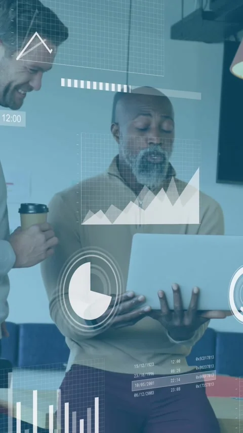 Animation of multiple graphs, loading bars and circles, diverse coworkers Stock Footage 344774929