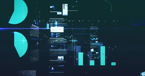 Animation of multiple graphs, loading circles and computer language against Stock Footage 242349897