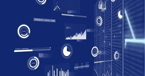 Animation of multiple graphs, loading circles and bars with binary codes on Stock Footage 250315005