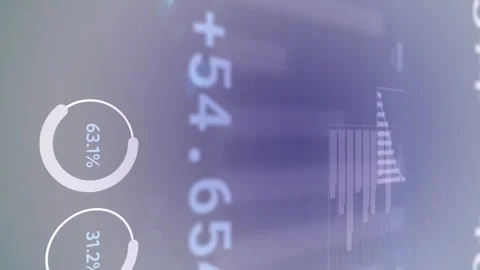 Animation of multiple graphs, loading circles over trading board lens flares on Stock Footage 312831116