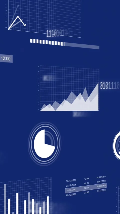 Animation of multiple graphs, loading circles and bars with binary codes on Video stock 320984098