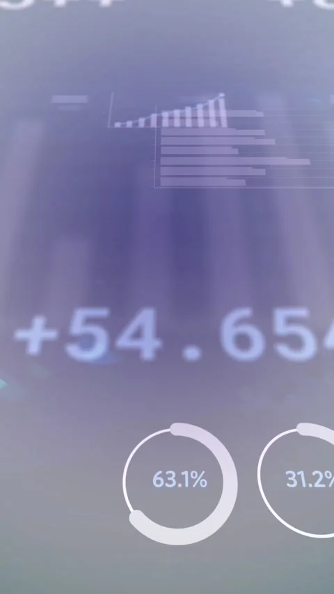 Animation of multiple graphs, loading circles over trading board lens flares on Stock Footage 321216424
