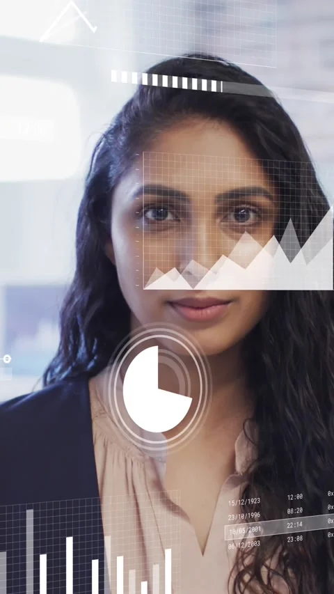 Animation of multiple graphs, loading circles, bars over smiling caucasian woman Stock Footage 323578689