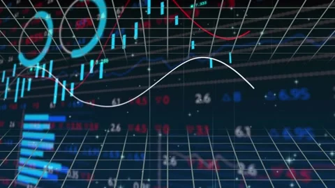 Animation of multiple graphs, loading circles and grid pattern against trading Stock Footage 327898222