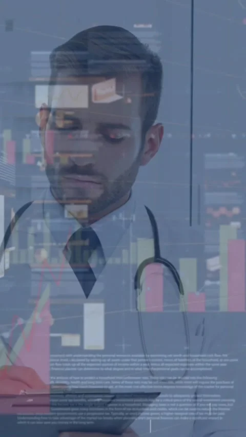 Animation of multiple graphs, loading circles over caucasian doctor writing in Stock Footage 344595705