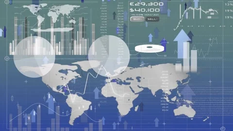 Animation of multiple graphs with map and arrows moving upwards on abstract Stock Footage 327003326