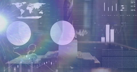 Animation of multiple graphs, map and data moving over equipment recycling Video stock 327714206