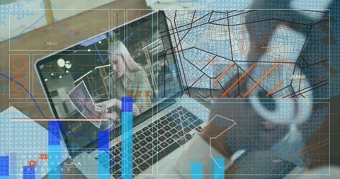 Animation of multiple graphs, map and navigation pattern, diverse people on Stock Footage 329292746
