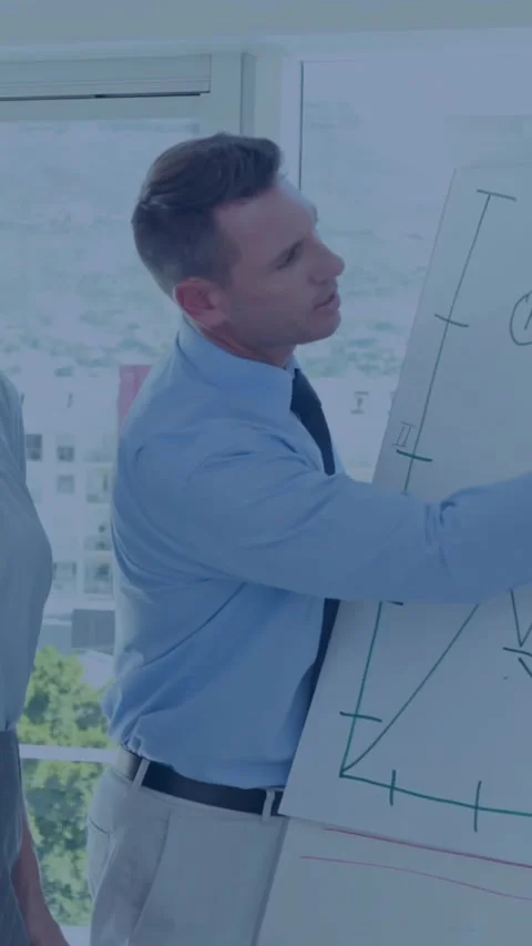 Animation of multiple graphs, map and data over diverse manager explaining Stock Footage 344723309