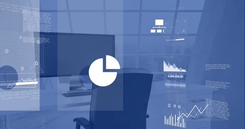 Animation of multiple graphs, map, computer language over unoccupied chair and Stock Footage 329125592