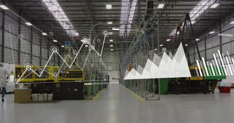 Animation of multiple graphs moving over diverse mechanics amidst machinery Stock Footage 237579430