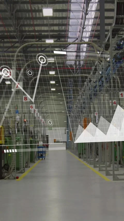 Animation of multiple graphs moving over diverse mechanics amidst machinery Stock Footage 321513735