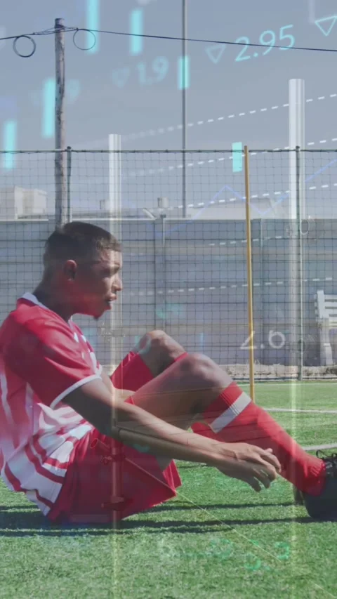 Animation of multiple graphs moving over multiracial soccer players practicing Stock Footage 322559332