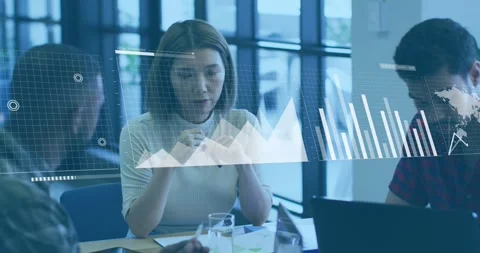 Animation of multiple graphs moving over diverse colleagues discussing project Stock Footage 330413837