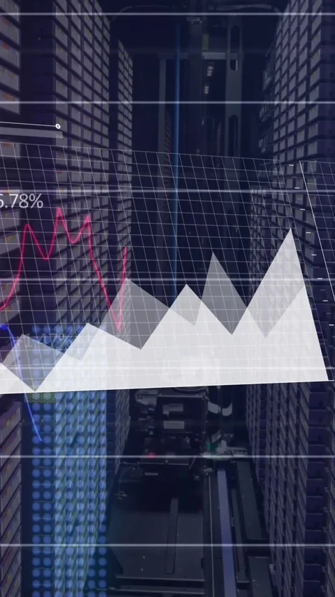 Animation of multiple graphs moving over data server racks Stock Footage 343902597
