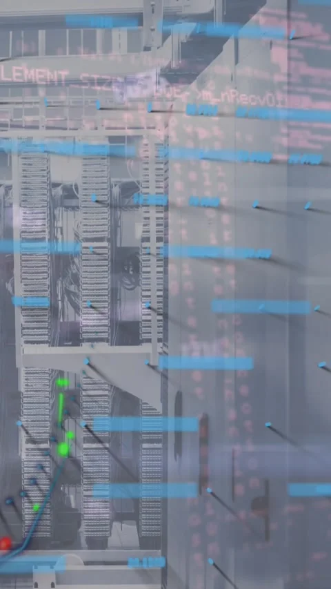 Animation of multiple graphs, numbers and abstract pattern over server room 库存影片 319068655