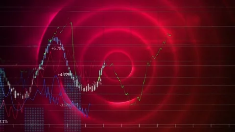 Animation of multiple graphs with numbers and grid pattern over illuminated red Stock Footage 327713176