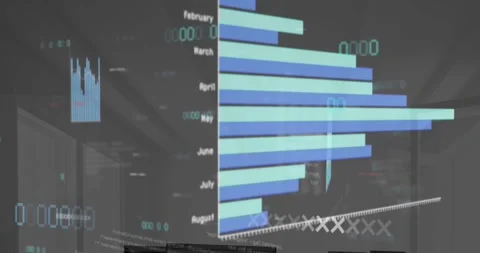 Animation of multiple graphs with numbers and 0 numbers over empty cabin in Stock Footage 328015392