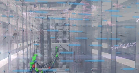 Animation of multiple graphs, numbers and abstract pattern over server room Stock Footage 328466345