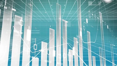 Animation of multiple graphs with numbers moving on grid pattern against blue Stock Footage 329368164