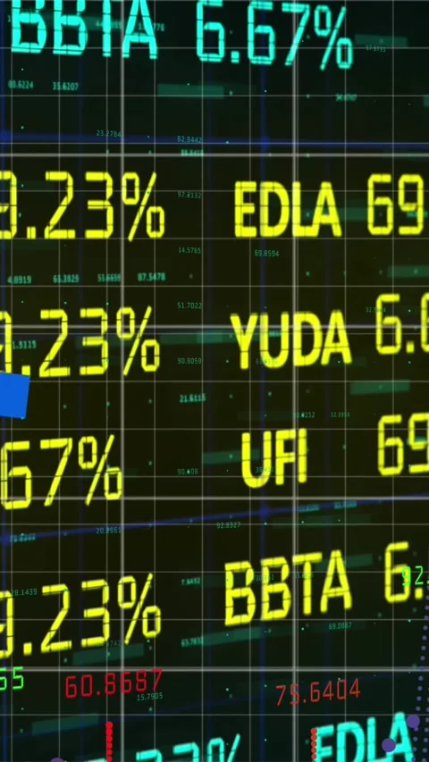 Animation of multiple graphs with numbers over trading board against abstract Stock Footage 321440931