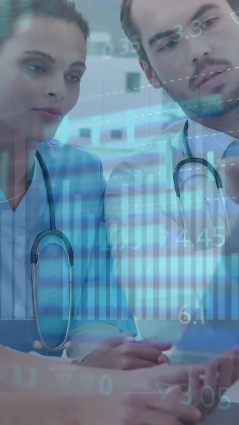 Animation of multiple graphs with numbers over diverse doctors examining Stock Footage 344635967