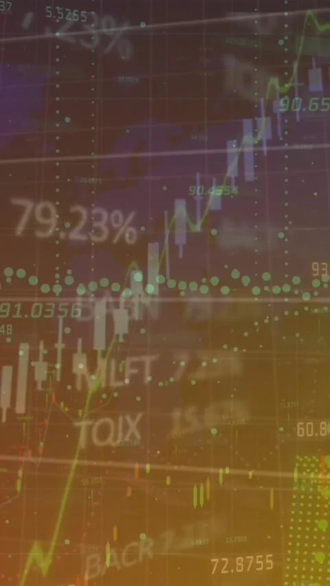 Animation of multiple graphs with numbers over trading board and map against Stock Footage 344678776