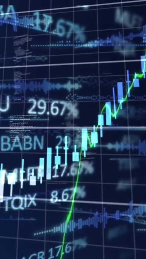 Animation of multiple graphs with numbers over trading board and computer Stock Footage 344679185