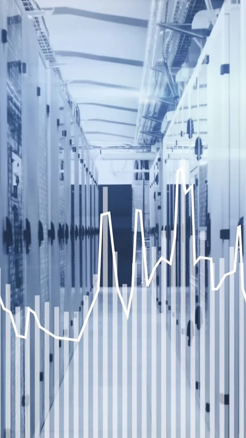 Animation of multiple graphs over binary codes on server racks in server room Stock Footage 344636022