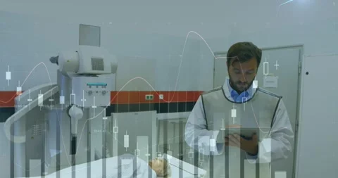 Animation of multiple graphs over caucasian man writing in notepad with patient Stock Footage 329499418
