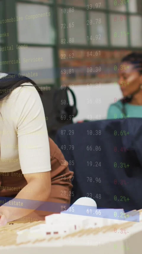 Animation of multiple graphs over caucasian female architect looking at 3d model Stock Footage 343503609