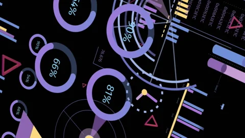 Animation of multiple graphs over clock, loading circles, bars, triangle against Stock Footage 312696570